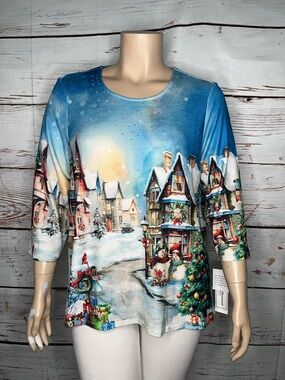 Alfred Dunner Woman NWT Sz 1X Blue - Holiday Village Christmas Theme Blouse Top